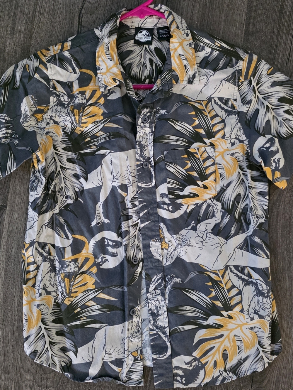 Jurassic Print Short Sleeve Button-Up Shirt - Gray & Yellow
